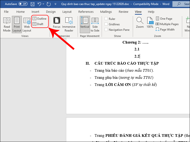 Có thể chuyển chế độ xem trang văn bản thành Draft hoặc Outline